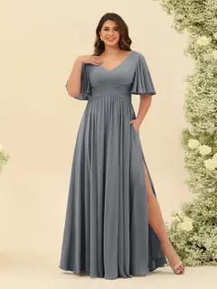 A-Line V-Neck Half Sleeves Plus Size Chiffon Bridesmaid Dresses With Split Side — view 72