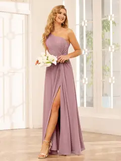 A-Line/Princess One-Shoulder Sleeveless Floor-Length Bridesmaid Dresses with Split Side & Ruffles — view 30