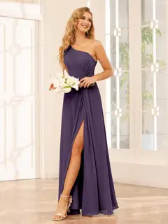A-Line/Princess One-Shoulder Sleeveless Floor-Length Bridesmaid Dresses with Split Side & Ruffles — view 44