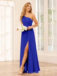 A-Line/Princess One-Shoulder Sleeveless Floor-Length Bridesmaid Dresses with Split Side & Ruffles — view 54