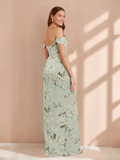 Sheath/Column Off-the-Shoulder Sleeveless Printed Floral Bridesmaid Dresses with Split Side — view 2