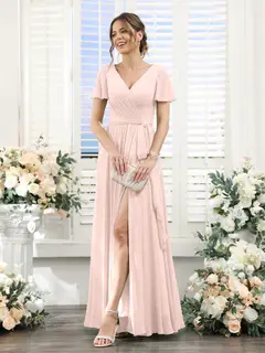 A-Line/Princess V-Neck Short Sleeves Floor-Length Chiffon Bridesmaid Dresses with Split Side & Ruched — view 27