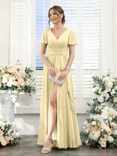 A-Line/Princess V-Neck Short Sleeves Floor-Length Chiffon Bridesmaid Dresses with Split Side & Ruched — view 67