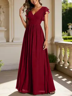 A-Line/Princess Chiffon V-Neck Bridesmaid Dresses with Ruffles Short Sleeves Floor-Length — view 19
