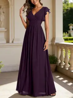 A-Line/Princess Chiffon V-Neck Bridesmaid Dresses with Ruffles Short Sleeves Floor-Length — view 23