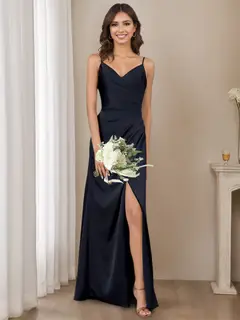 A-Line/Princess Spaghetti Straps Sleeveless Floor-Length Long Bridesmaid Dresses with Split Side — view 1