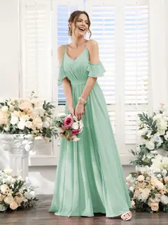 A-Line/Princess Spaghetti Straps Floor-Length Chiffon Bridesmaid Dresses with Split Side & Ruched — view 62
