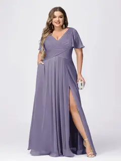 A Line/Princess V-Neck Short Sleeves Plus Size Bridesmaid Dresses with Split Side — view 34
