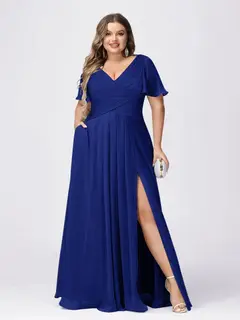 A Line/Princess V-Neck Short Sleeves Plus Size Bridesmaid Dresses with Split Side — view 51