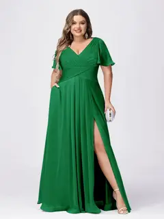 A Line/Princess V-Neck Short Sleeves Plus Size Bridesmaid Dresses with Split Side — view 59