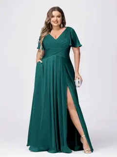 A Line/Princess V-Neck Short Sleeves Plus Size Bridesmaid Dresses with Split Side — view 61