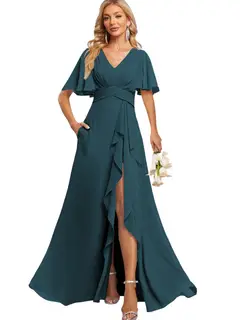 A-Line/Princess V Neck Flutter Sleeve Floor Length Bridesmaid Dresses with Pockets with Slit Ruffles — view 32