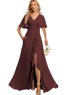 A-Line/Princess V Neck Flutter Sleeve Floor Length Bridesmaid Dresses with Pockets with Slit Ruffles — view 42