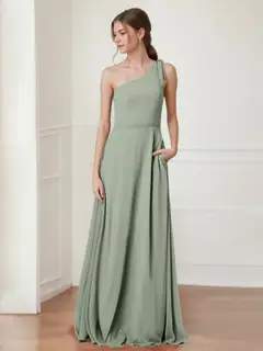 A-Line/Princess One-Shoulder Sleeveless Floor-Length Bridesmaid Dresses with Bowknot — view 1