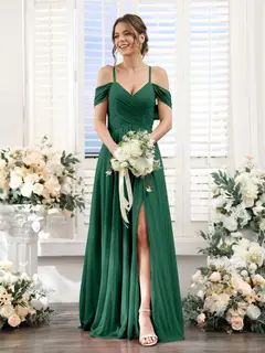 A-Line/Princess V-Neck Spaghetti Straps Floor-Length Chiffon Bridesmaid Dresses with Split Side — view 11