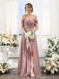 A-Line/Princess V-Neck Spaghetti Straps Floor-Length Chiffon Bridesmaid Dresses with Split Side — view 31