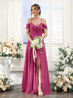 A-Line/Princess V-Neck Spaghetti Straps Floor-Length Chiffon Bridesmaid Dresses with Split Side — view 35
