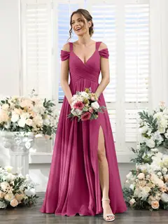 A-Line/Princess V-Neck Floor-Length Chiffon Bridesmaid Dresses with Split Side & Ruched — view 35