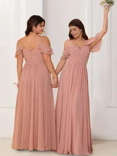 A-Line/Princess V-Neck Spaghetti Straps Sleeveless Floor-Length Chiffon Bridesmaid Dresses with Ruffles — view 1
