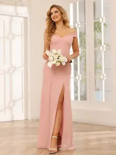 Sheath/Column Off-the-Shoulder Long Bridesmaid Dresses with Split Side — view 4