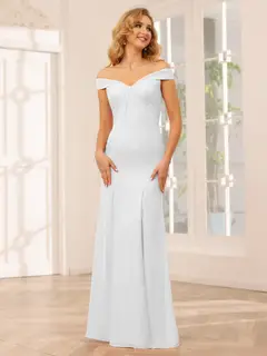 Sheath/Column Off-the-Shoulder Long Bridesmaid Dresses with Split Side — view 21