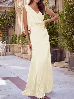 A-Line/Princess V-Neck Sleeveless Floor-Length Bridesmaid Dresses with Ruched — view 27