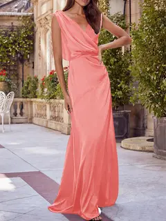 A-Line/Princess V-Neck Sleeveless Floor-Length Bridesmaid Dresses with Ruched — view 46