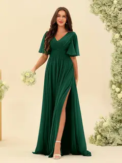 A-Line/Princess V-Neck Half Sleeves Chiffon Bridesmaid Dresses With Pockets & Split Side — view 13