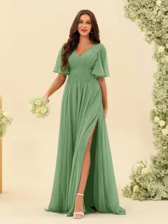 A-Line/Princess V-Neck Half Sleeves Chiffon Bridesmaid Dresses With Pockets & Split Side — view 18