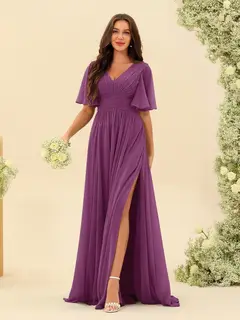 A-Line/Princess V-Neck Half Sleeves Chiffon Bridesmaid Dresses With Pockets & Split Side — view 46