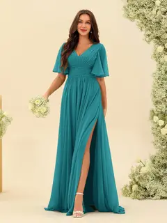 A-Line/Princess V-Neck Half Sleeves Chiffon Bridesmaid Dresses With Pockets & Split Side — view 53