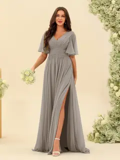 A-Line/Princess V-Neck Half Sleeves Chiffon Bridesmaid Dresses With Pockets & Split Side — view 74