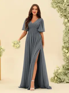 A-Line/Princess V-Neck Half Sleeves Chiffon Bridesmaid Dresses With Pockets & Split Side — view 76