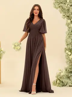A-Line/Princess V-Neck Half Sleeves Chiffon Bridesmaid Dresses With Pockets & Split Side — view 77