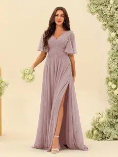 A-Line/Princess V-Neck Half Sleeves Chiffon Bridesmaid Dresses With Pockets & Split Side — view 88