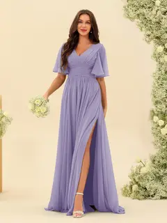 A-Line/Princess V-Neck Half Sleeves Chiffon Bridesmaid Dresses With Pockets & Split Side — view 90