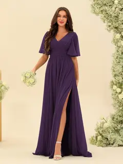 A-Line/Princess V-Neck Half Sleeves Chiffon Bridesmaid Dresses With Pockets & Split Side — view 92
