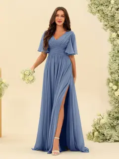 A-Line/Princess V-Neck Half Sleeves Chiffon Bridesmaid Dresses With Pockets & Split Side — view 93