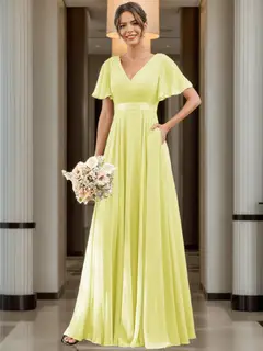 A-Line/Princess V Neck Flutter Sleeves Floor Length Bridesmaid Dresses Chiffon with Pockets Ruched — view 1