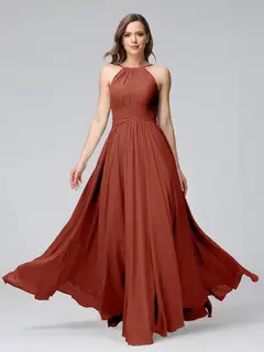 A-Line/Princess Halter Sleeveless Floor-Length Bridemaid Dresses with Ruffles — view 14