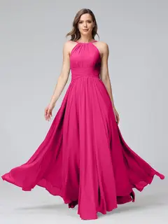A-Line/Princess Halter Sleeveless Floor-Length Bridemaid Dresses with Ruffles — view 34