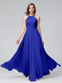 A-Line/Princess Halter Sleeveless Floor-Length Bridemaid Dresses with Ruffles — view 55