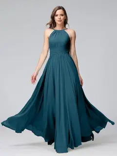 A-Line/Princess Halter Sleeveless Floor-Length Bridemaid Dresses with Ruffles — view 58