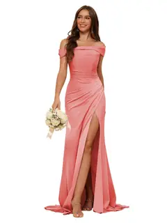 Mermaid Off Shoulder Sleeveless Sweep Train Bridesmaid Dresses Stain with Slit Train — view 25
