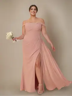 Sheath/Column Off-the-Shoulder Spaghetti Straps Floor-Length Plus Size Bridesmaid Dress with Ruffles & Split Side — view 1