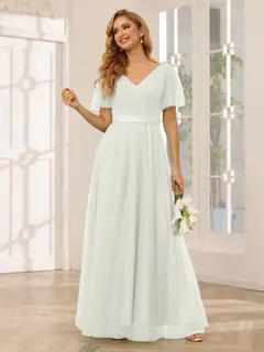A-Line/Princess V-Neck Short Sleeves Floor-Length Long Bridesmaid Dresses with Lace — view 23