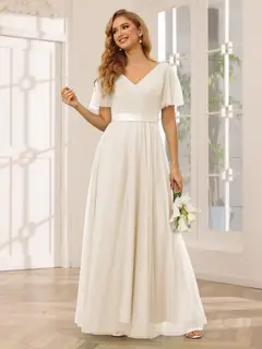 A-Line/Princess V-Neck Short Sleeves Floor-Length Long Bridesmaid Dresses with Lace — view 24