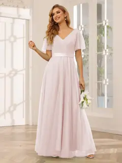 A-Line/Princess V-Neck Short Sleeves Floor-Length Long Bridesmaid Dresses with Lace — view 27