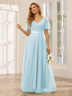 A-Line/Princess V-Neck Short Sleeves Floor-Length Long Bridesmaid Dresses with Lace — view 48