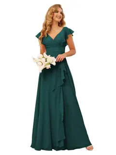 A-Line/Princess V Neck Short Sleeve Floor Length Bridesmaid Dresses With Ruffled Split — view 19